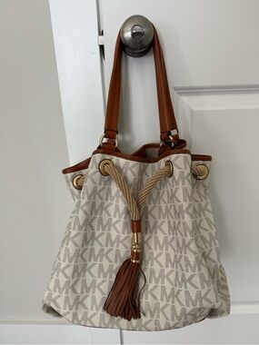 Michael Kors Cream and Brown Logo Drawstring Shoulder Bag